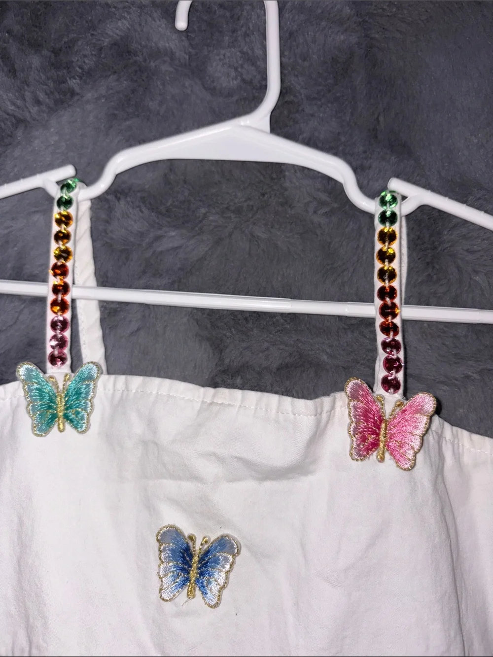 Lola + The Boys White Tiered Dress with Multicolor Butterfly Accents